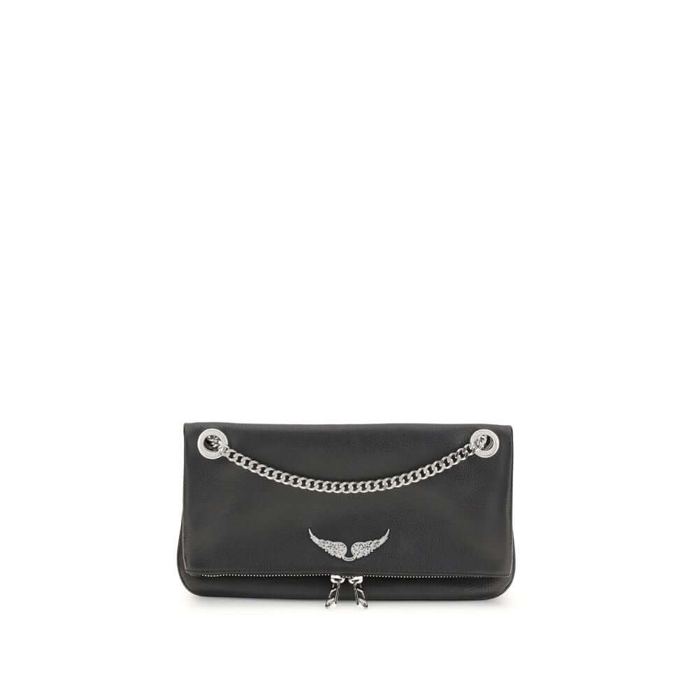 Zadig & Voltaire Black Leather Shoulder Bag with chain strap, flap with magnetic closure, featuring a rock-chic design and logo on front.