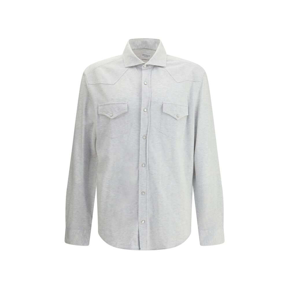 Brunello Cucinelli Gray Cotton Shirt with classic collar, snap button closure, and front patch pockets, crafted from 100% cotton.