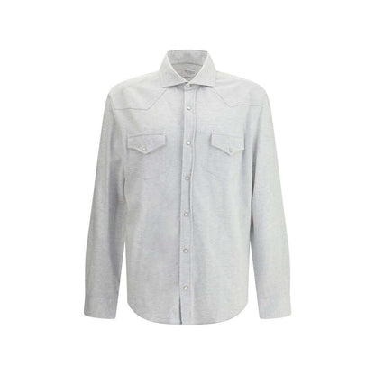 Brunello Cucinelli Gray Cotton Shirt with classic collar, snap button closure, and front patch pockets, crafted from 100% cotton.