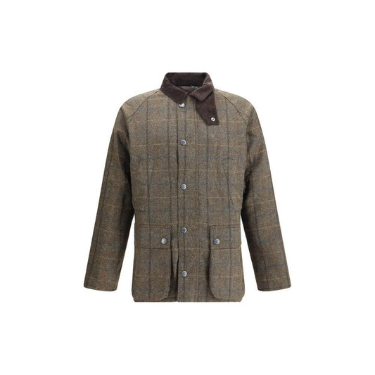 Barbour Green Wool Coat with corduroy collar, snap closure, welt and patch pockets, showcasing refined British style and casual elegance.