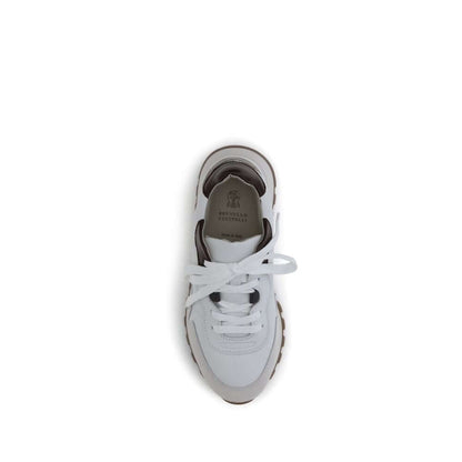 Top view of Brunello Cucinelli White Leather Athletic Sneakers with shiny details and flat cotton laces.