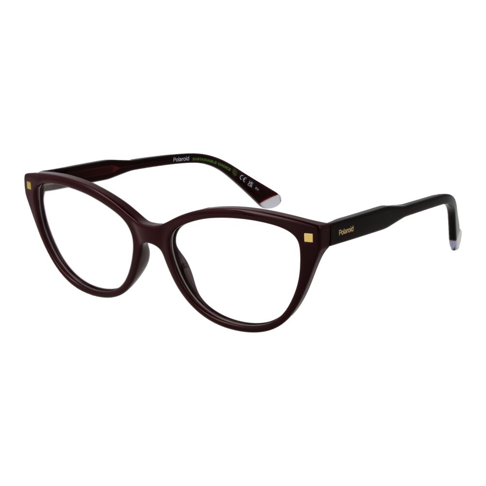 Polaroid Burgundy Women Glasses Frame, full-rim cat eye style, plastic material, demo lenses, burgundy color, 55mm width, spring hinge.