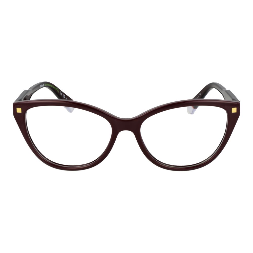 Polaroid Burgundy Women Glasses Frame with full-rim cat eye style and demo lenses.