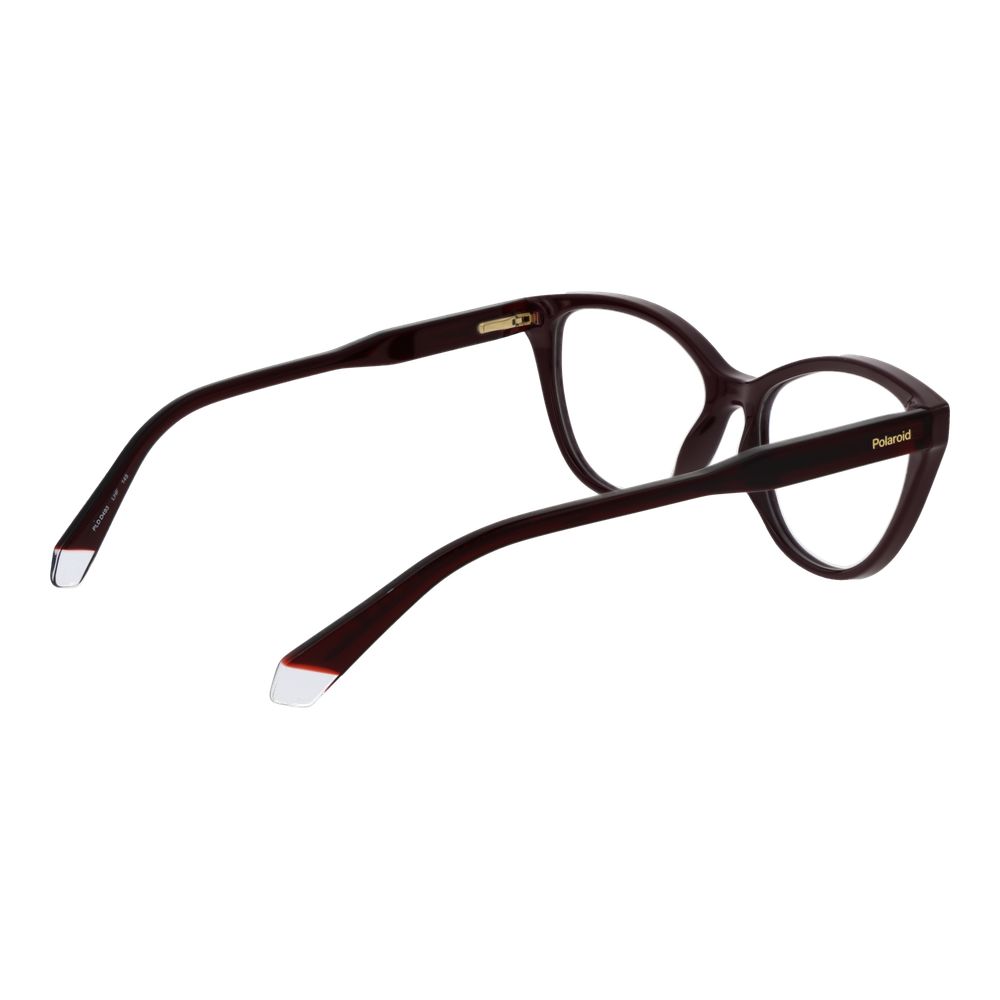 Polaroid Burgundy Women Glasses Frame in full-rim cat eye style with plastic material and demo lenses, featuring a spring hinge design.
