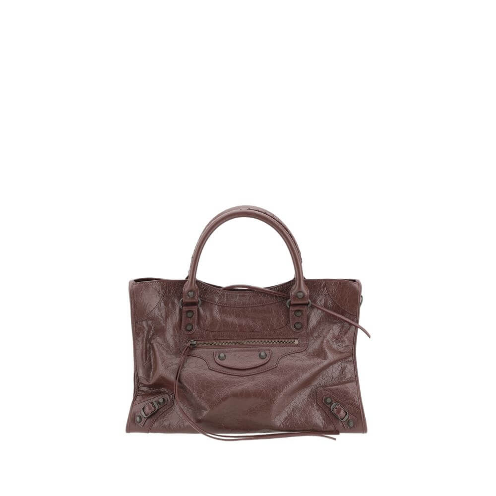 Balenciaga Brown Calf Leather Bos Taurus Shoulder Bag with hand-woven leather handles, adjustable strap, and zippered closure.