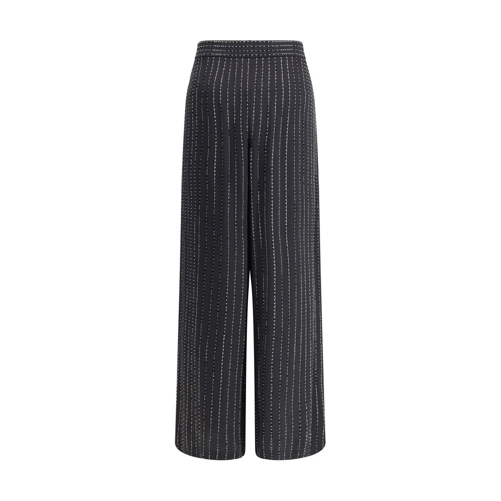 Giorgio Armani Black Silk Casual Pants with elegant pinstripe embroidery and sophisticated wide-leg design for a glamorous look.