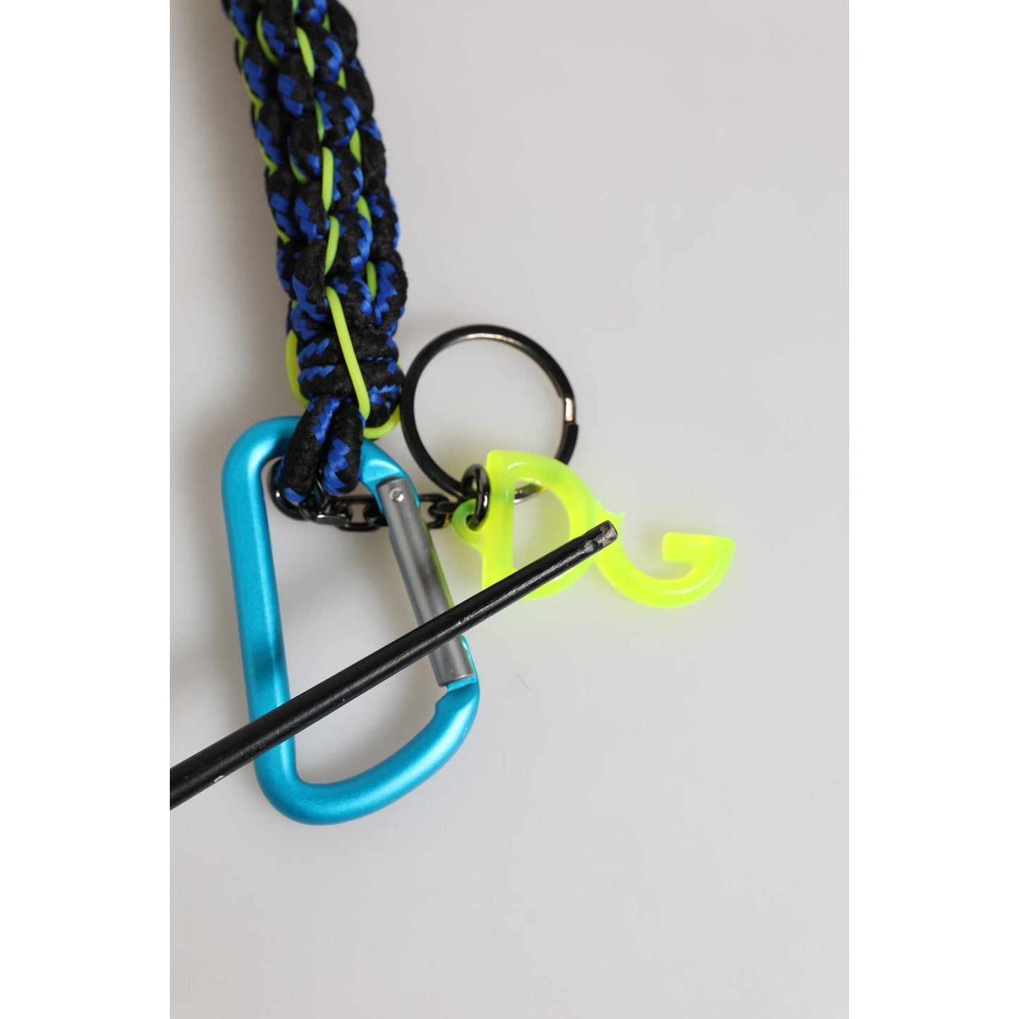 Dolce & Gabbana Multicolor Polyester Tape String DG Logo Keychain Keyring with blue carabiner and neon accents.
