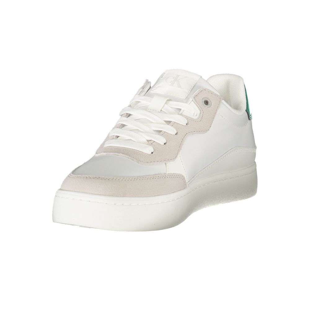 Calvin Klein White Leather Men Sneaker with lace-up design and logo print, offering a modern and comfortable style for trendsetters.