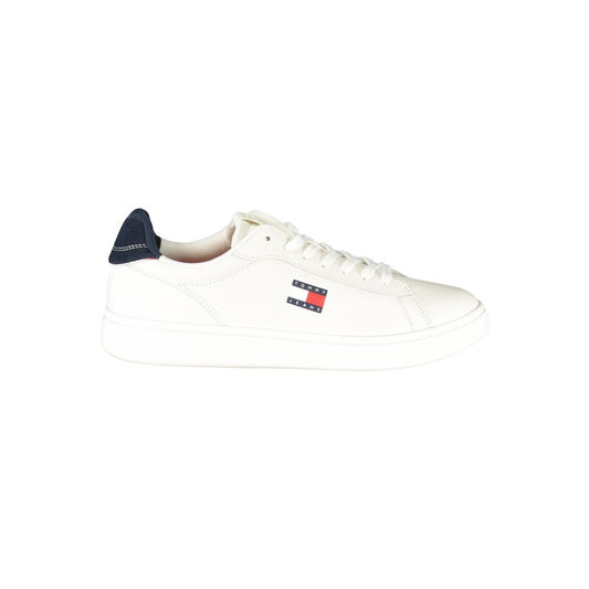 Tommy Hilfiger White Leather Men Sneaker with blue accents and logo, side view