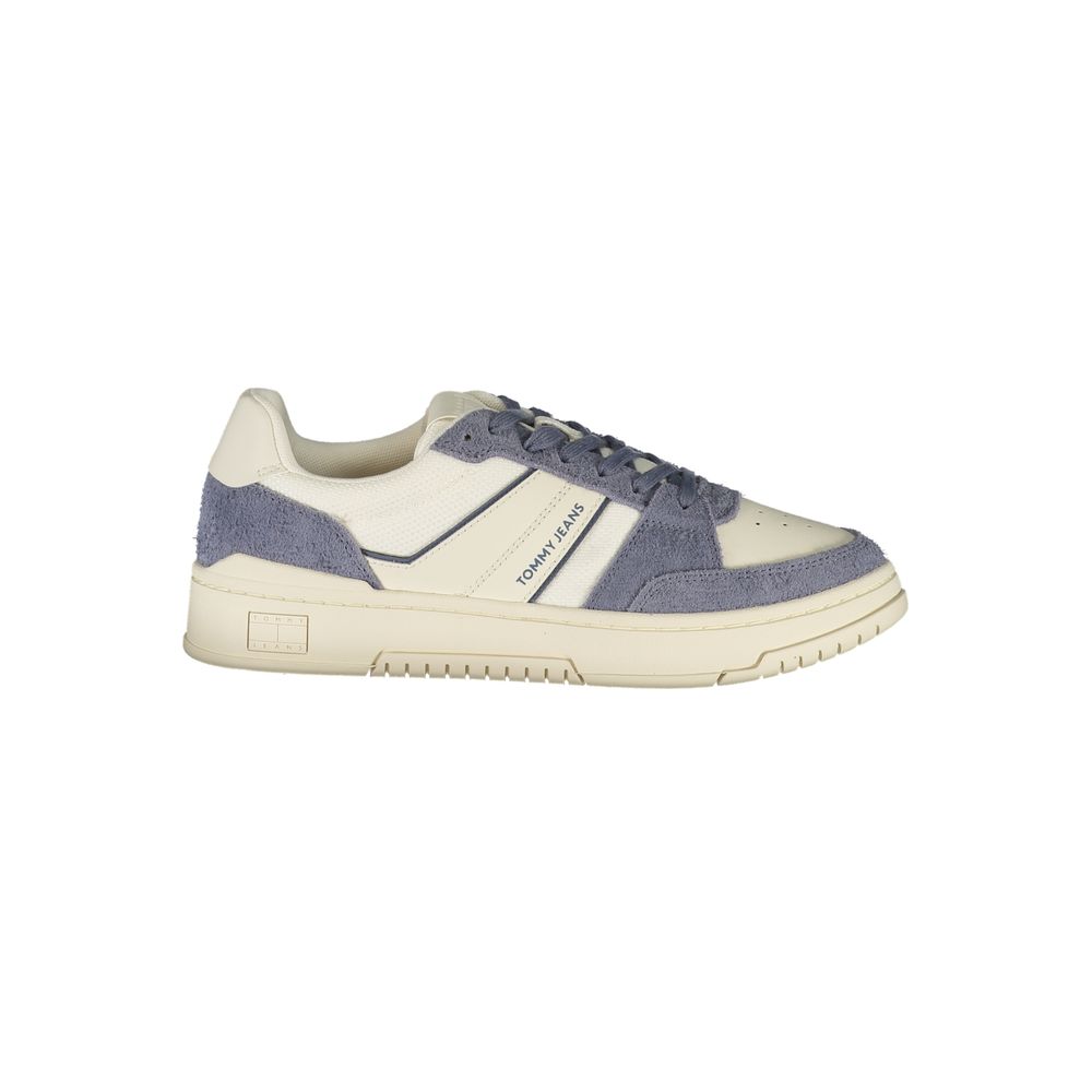 Tommy Hilfiger White Leather Men Sneaker with blue accents and logo on the side, perfect for stylish comfort and flair.
