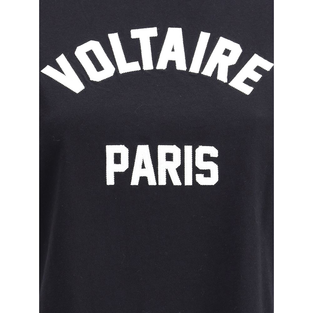 Zadig & Voltaire Black Cotton T-Shirt with contrasting Voltaire Paris logo on front, ribbed crew neck, perfect casual wear.