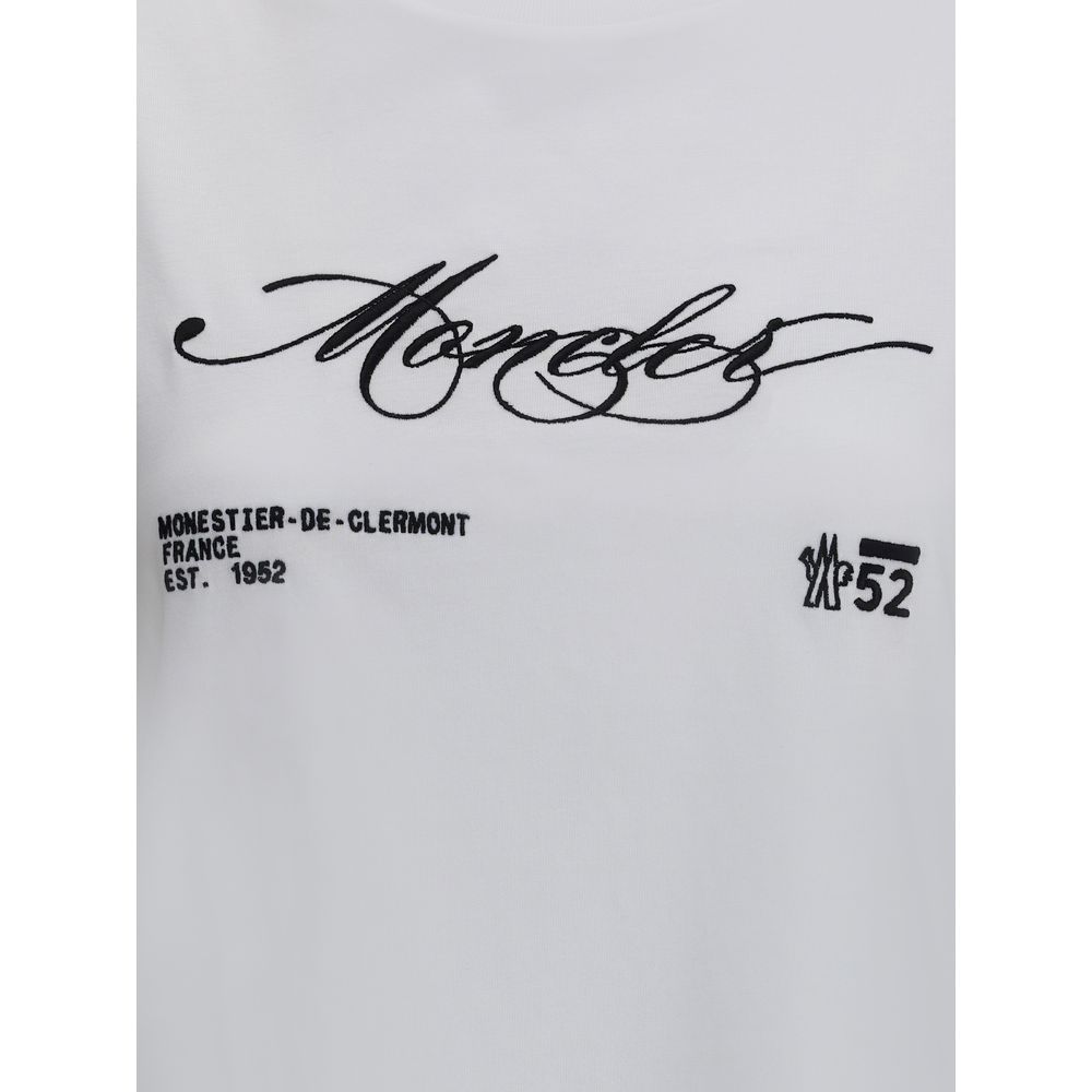Moncler White Cotton T-Shirt with embroidered logo, ribbed crew neck, crop cut, and essential modern style, perfect for curated casual looks.