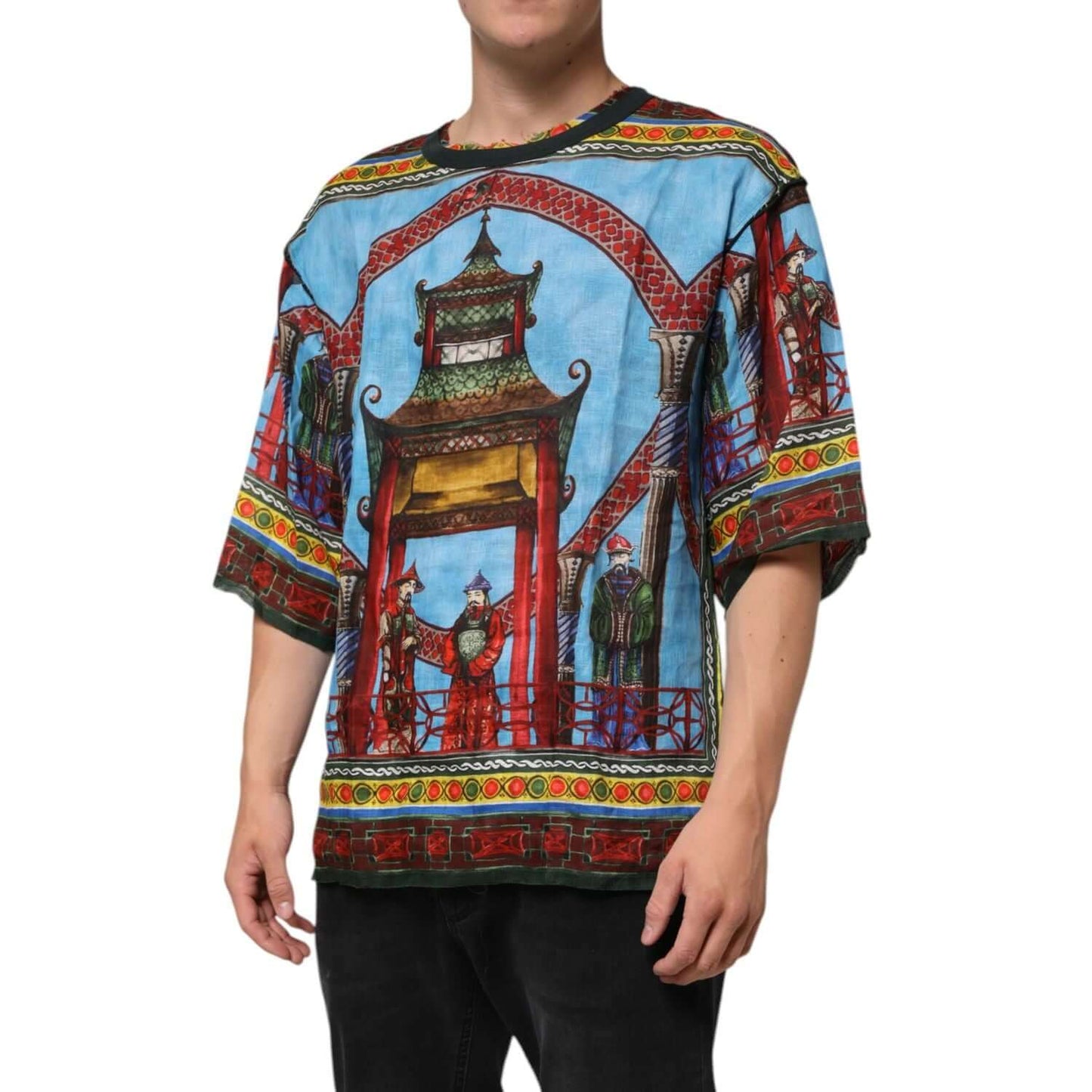 Dolce & Gabbana Multicolor Cotton Linen Temple Print T-shirt
