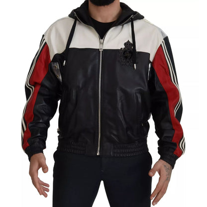 Dolce & Gabbana Black Leather Hooded Blouson Jacket