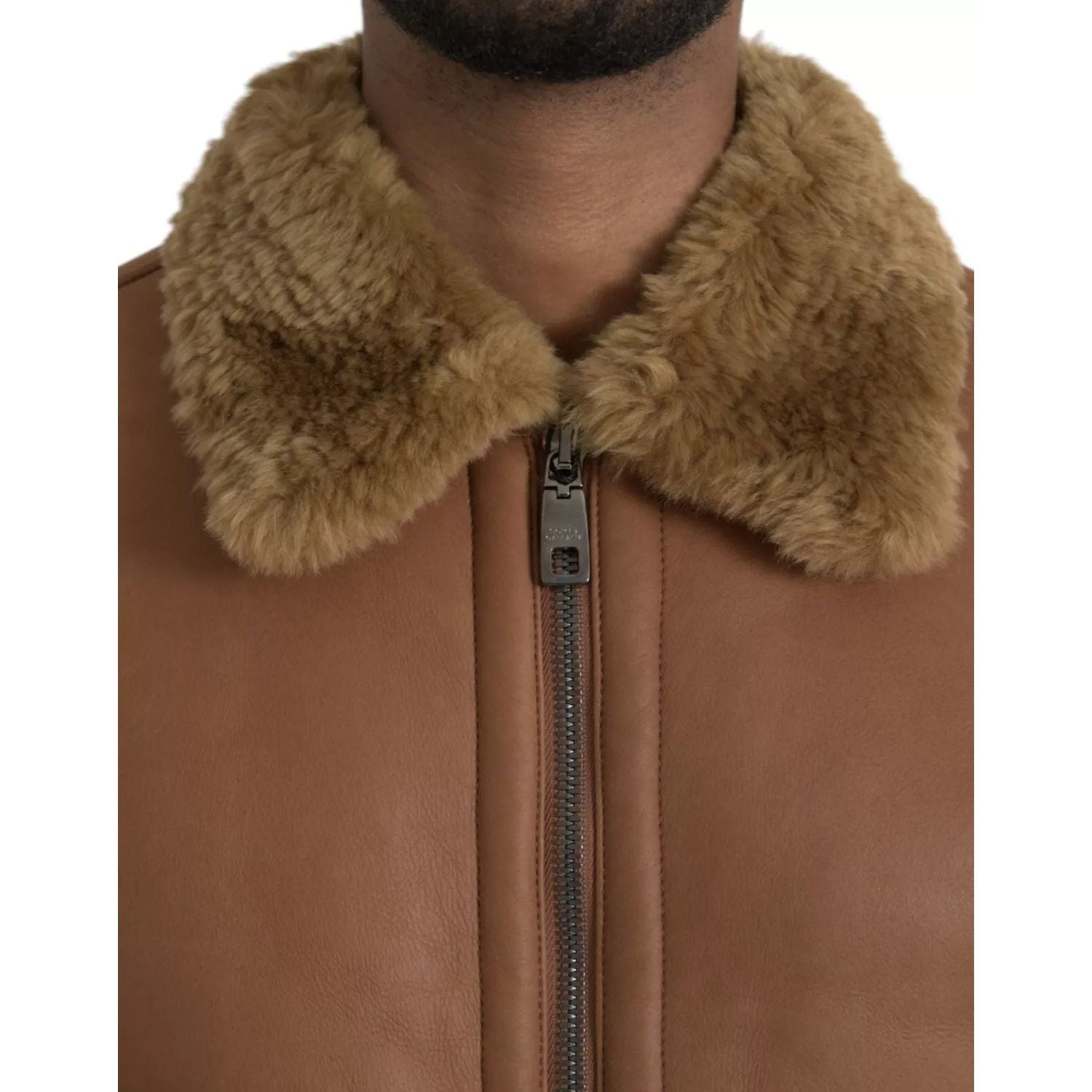 Dolce & Gabbana Brown Leather Fur Button Biker Coat Jacket