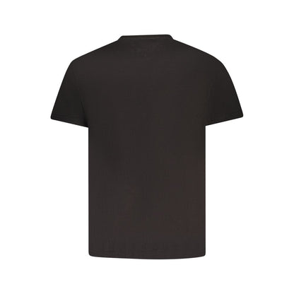 Back view of Tommy Hilfiger Black Cotton Men T-Shirt with short sleeves and iconic logo embroidery, made from 95% regenerative cotton.