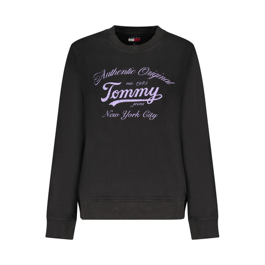 Tommy Hilfiger Black Cotton Women Sweater with long sleeves and statement print, perfect for stylish and eco-friendly fashion.