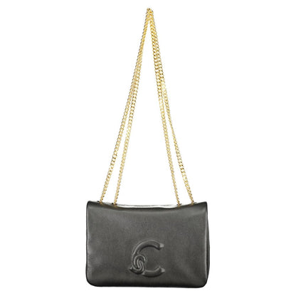 Coccinelle Black Leather Women Handbag with dual chain handles and iconic logo, showcasing Italian craftsmanship and elegance.
