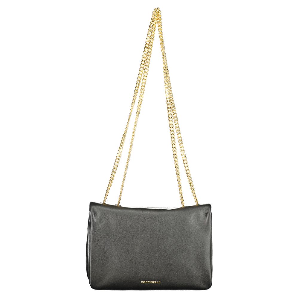 Coccinelle Black Leather Women Handbag with gold chain shoulder handles, showcasing luxury Italian design and craftsmanship.