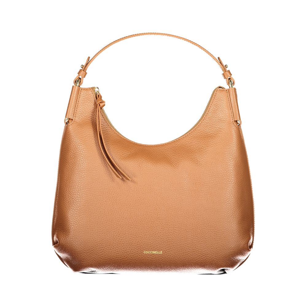 Coccinelle Brown Leather Women Handbag with adjustable strap and internal pocket for stylish everyday use.