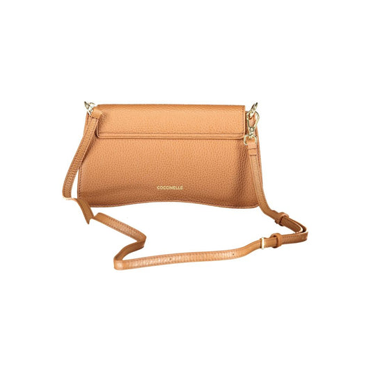 Coccinelle Brown Leather Women Handbag with adjustable shoulder strap and snap closure showcasing luxury and style.