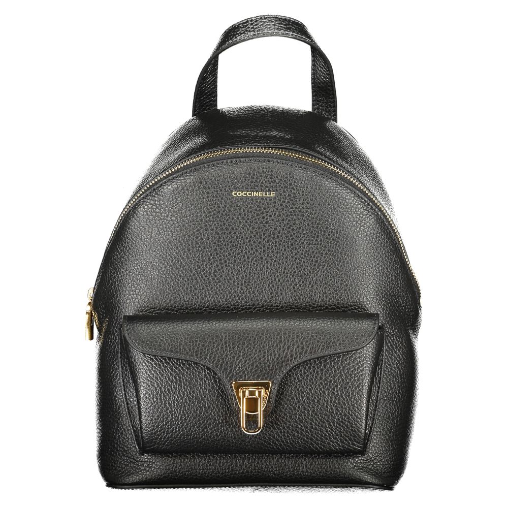 Coccinelle Black Leather Women Backpack with twist closure and logo, featuring premium leather for urban chic style.