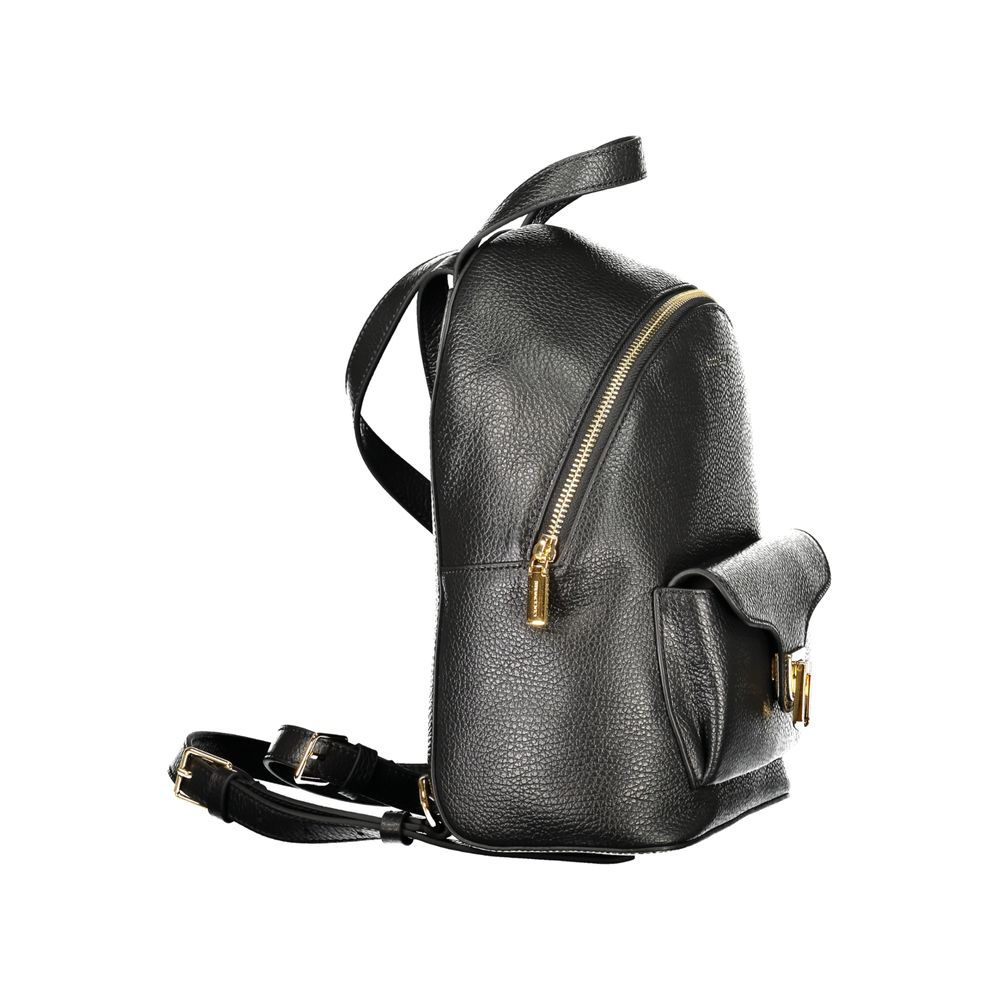 Coccinelle Black Leather Women Backpack with twist closure and zip pocket, elegant urban chic design