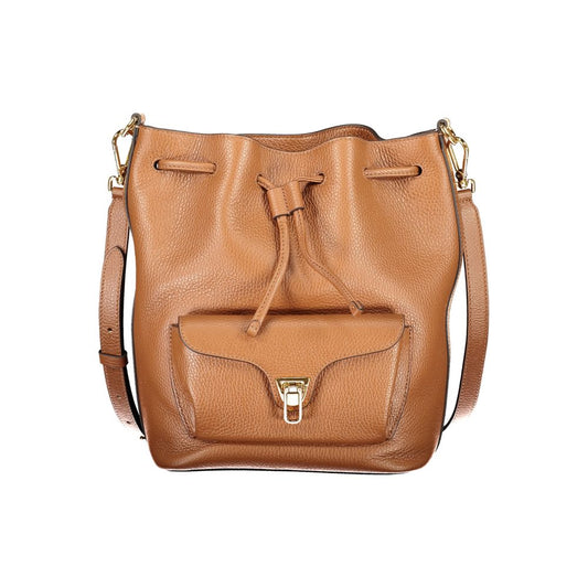 Coccinelle Brown Leather Women Handbag featuring adjustable strap and twist closure