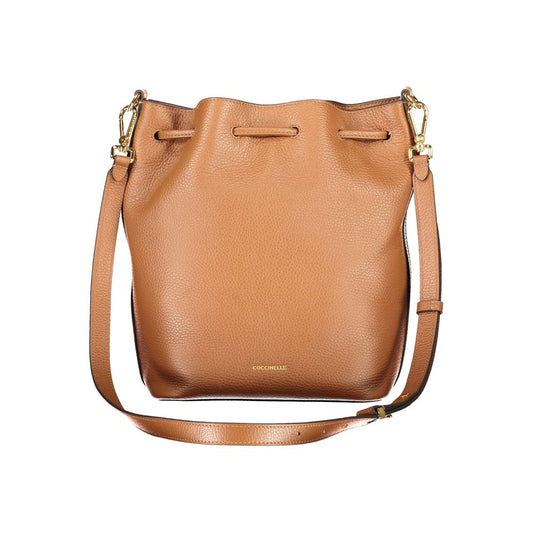 Coccinelle Brown Leather Women Handbag with adjustable strap and twist closure, showcasing Italian craftsmanship and modern flair.