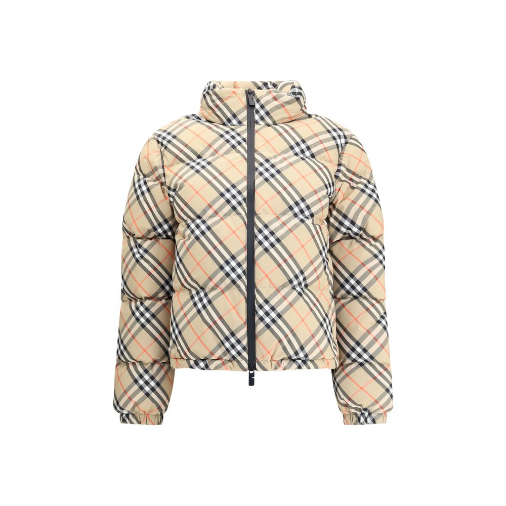 Burberry Beige Polyester Coat with Burberry Check pattern, packaway hood, double-slider zipper, adjustable hem, and silicon label detail.