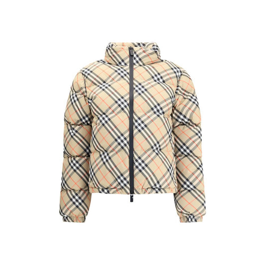 Burberry Beige Polyester Coat with Burberry Check pattern, packaway hood, double-slider zipper, adjustable hem, and silicon label detail.