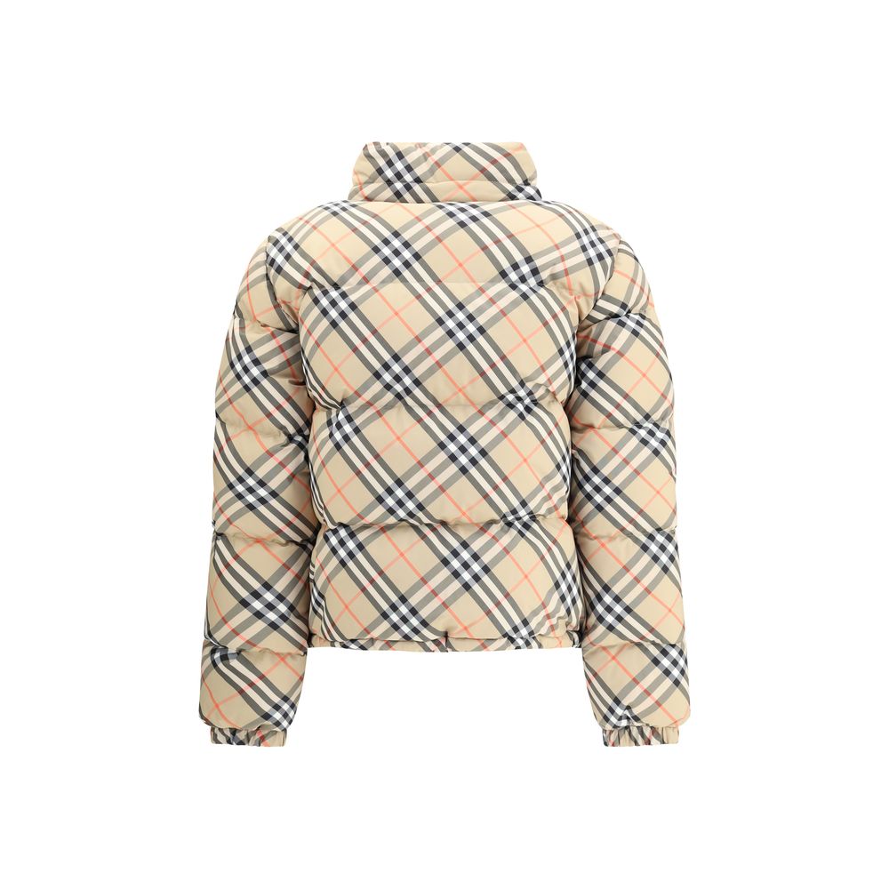 Burberry Beige Polyester Coat with iconic check pattern, featuring packaway hood, zipper closure, and adjustable hem.