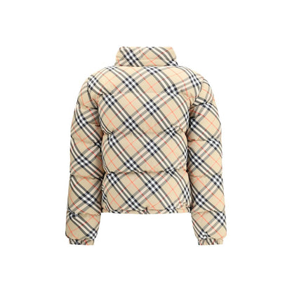 Burberry Beige Polyester Coat with iconic check pattern, featuring packaway hood, zipper closure, and adjustable hem.
