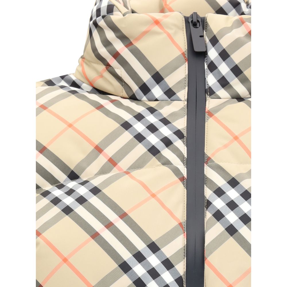 Close-up of Burberry Beige Polyester Coat featuring iconic check pattern, double-slider zipper, and packaway hood.