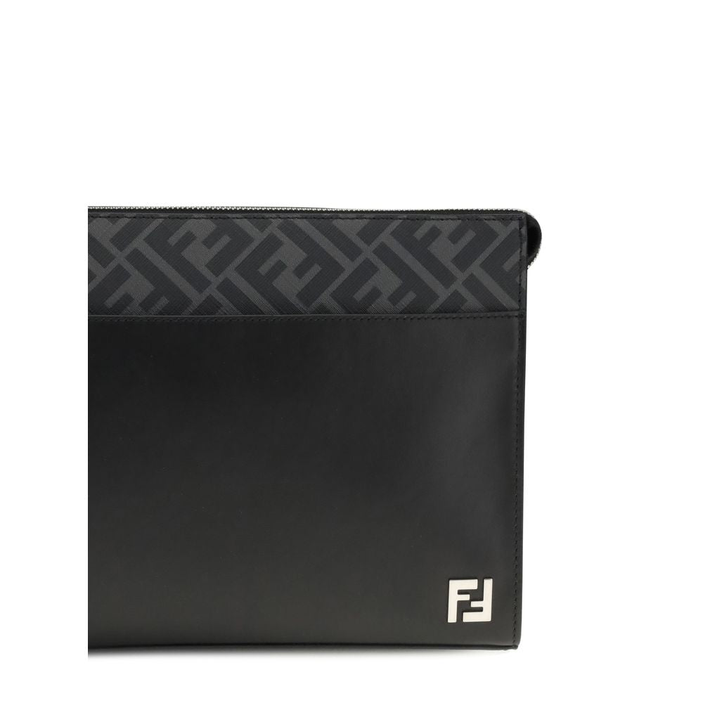 Fendi Black Leather Clutch Bag with FF logo, palladium-finish hardware, and removable cuff handle, showcasing elegance and versatility.