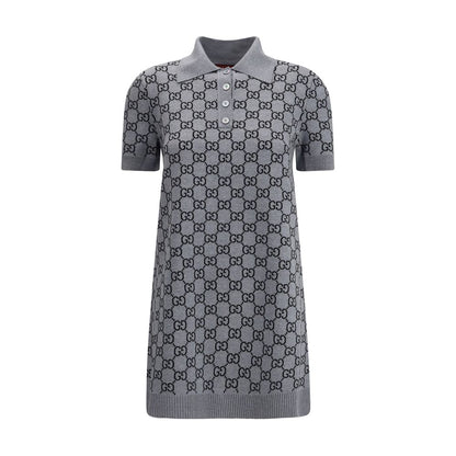 Gucci Gray Wool Casual Dress with GG Supreme Pattern, ribbed collar, and sporty silhouette, ideal for casual-chic outfits.