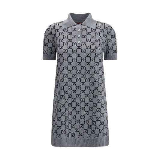 Gucci Gray Wool Casual Dress with GG Supreme Pattern, ribbed collar, and sporty silhouette, ideal for casual-chic outfits.