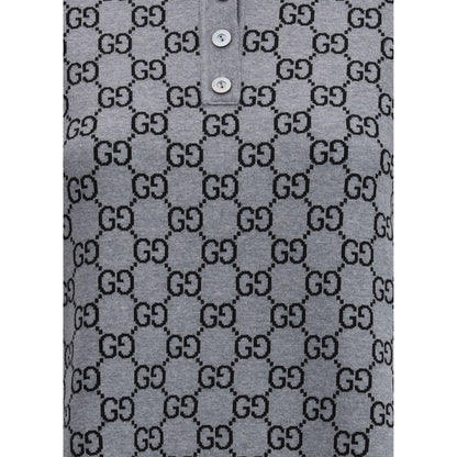 Close-up of Gucci Gray Wool Casual Dress with GG Supreme pattern and three-button closure, showcasing its elegant, sporty style.