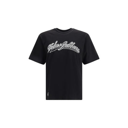 Dolce & Gabbana Black Cotton T-Shirt with logo patch and ribbed crew neck for AW25 season.