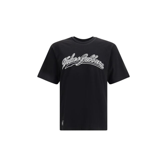 Dolce & Gabbana Black Cotton T-Shirt with logo patch and ribbed crew neck for AW25 season.