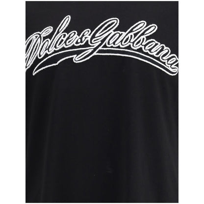 Dolce & Gabbana Black Cotton T-Shirt with logo patch and ribbed crew neck