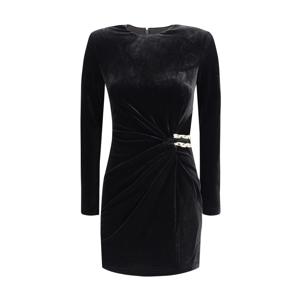 Self-Portrait Black Polyester Cocktail Dress with gold chain and rhinestone accents for evening wear