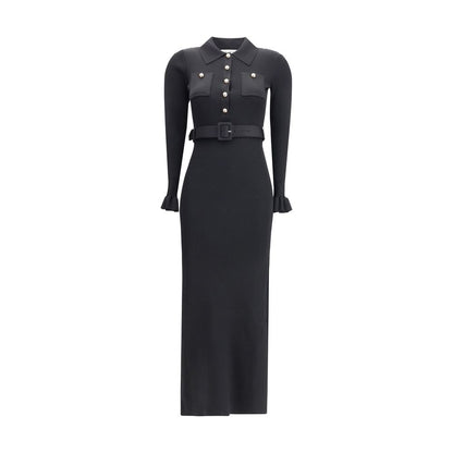 Self-Portrait Black Viscose Casual Dress with gold buttons and ruffled cuffs, featuring a side slit for elegant, feminine design.