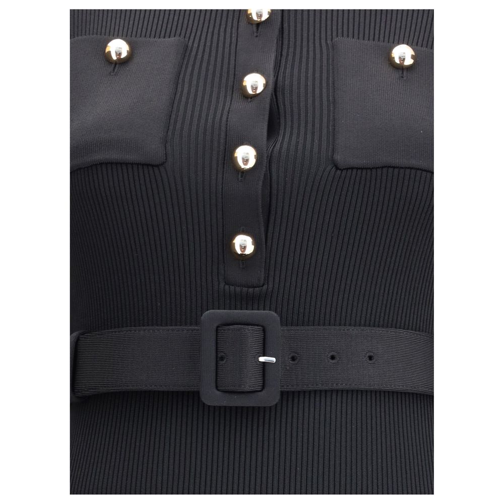 Close-up of Self-Portrait Black Viscose Casual Dress with gold buttons and elegant belt detailing.