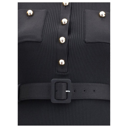 Close-up of Self-Portrait Black Viscose Casual Dress with gold buttons and elegant belt detailing.