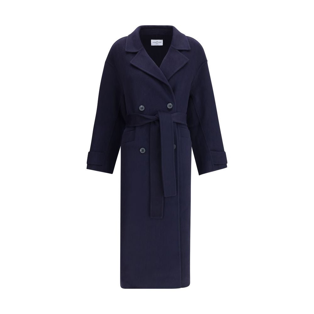 Dynamis Studio Blue Wool Coat - Double-breasted with belt, classic lapels, front button closure, and welt pockets for versatile style.