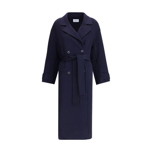 Dynamis Studio Blue Wool Coat - Double-breasted with belt, classic lapels, front button closure, and welt pockets for versatile style.