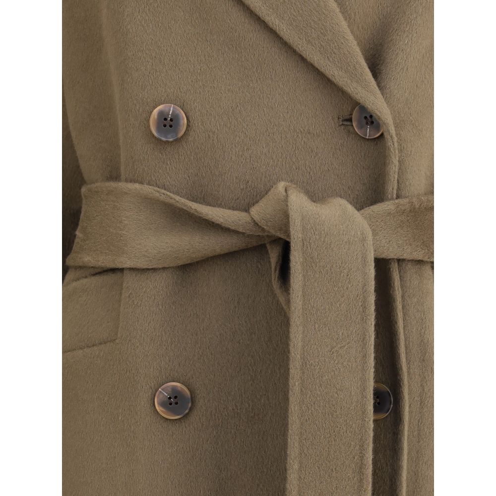 Close-up of Dynamis Studio Brown Wool Coat featuring double-breasted buttons and tie waist belt, made from 100% wool for versatile style.