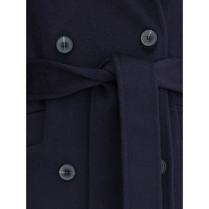 Close-up of Dynamis Studio Blue Wool Coat showcasing button details and waist tie belt.