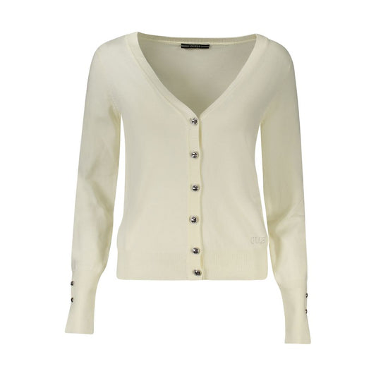 Guess Jeans White Viscose Women Sweater with rhinestone buttons and V-neck design.